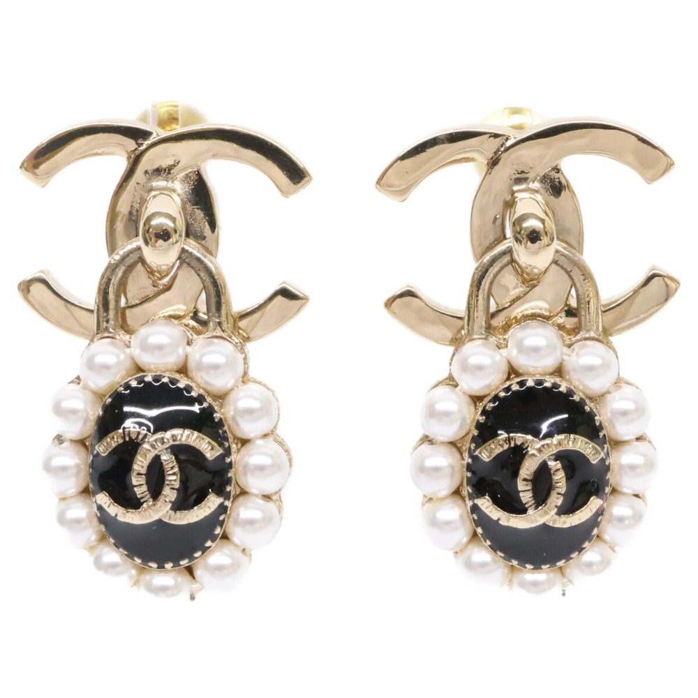 CHANEL A21A Imitation Pearl Coco Mark Drop Earrings Gold Black Women's